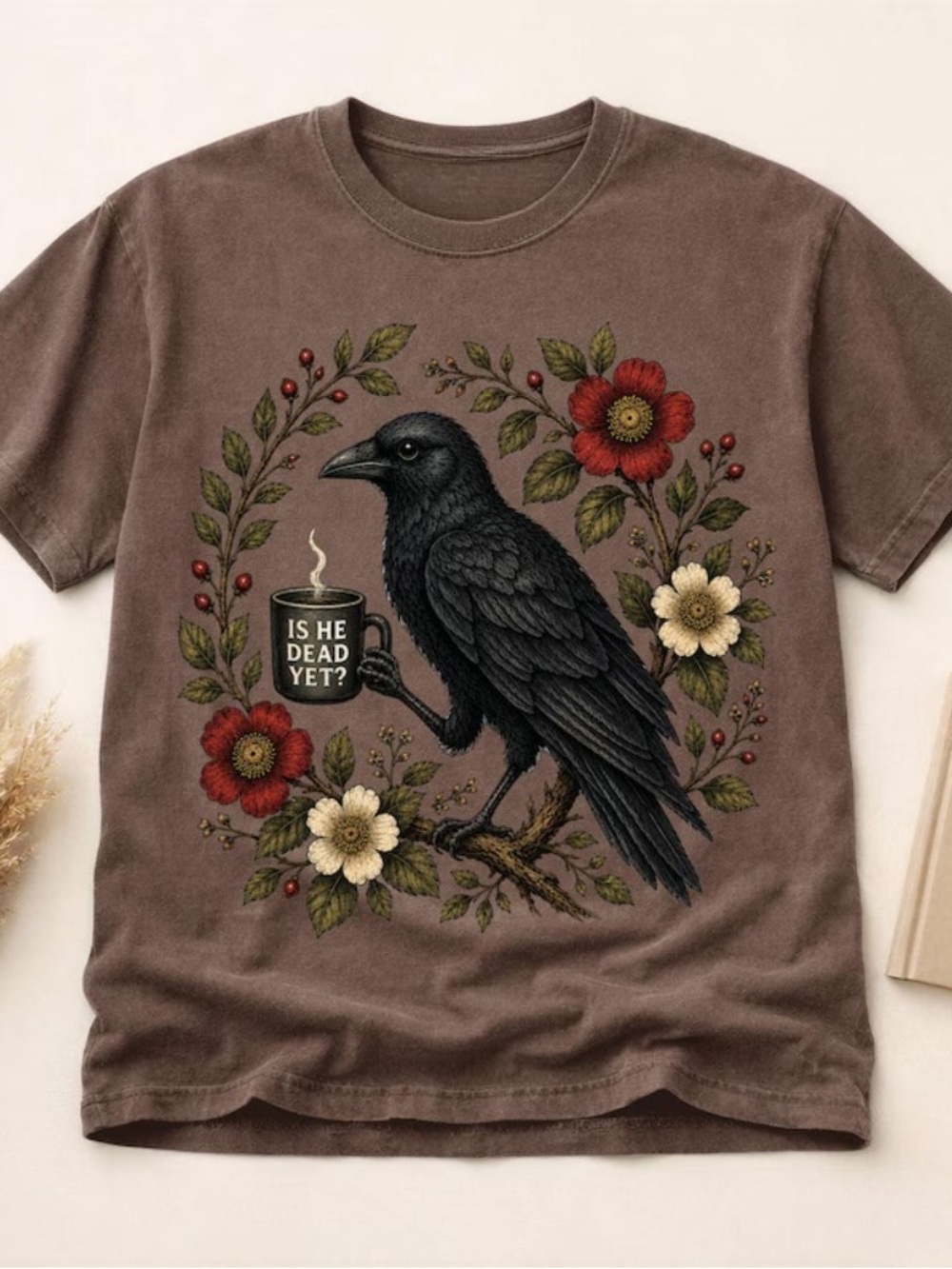 Vintage Brown Tee with Black Raven and Red Floral Wreath